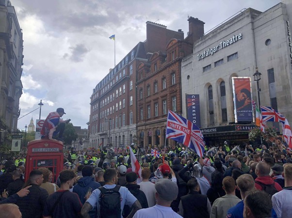The crowd, followed by the line of equestrian police, followed by Stand Up to Racism (2).